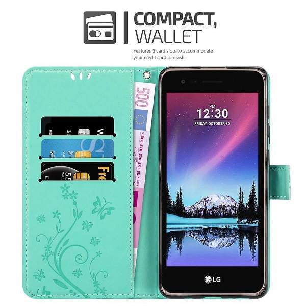 LG K4 2017 Handy Case Cover Etui - mit Blumenmuster und Standfunktion und Kartenfach FLORAL TURQUOISE K4 2017
