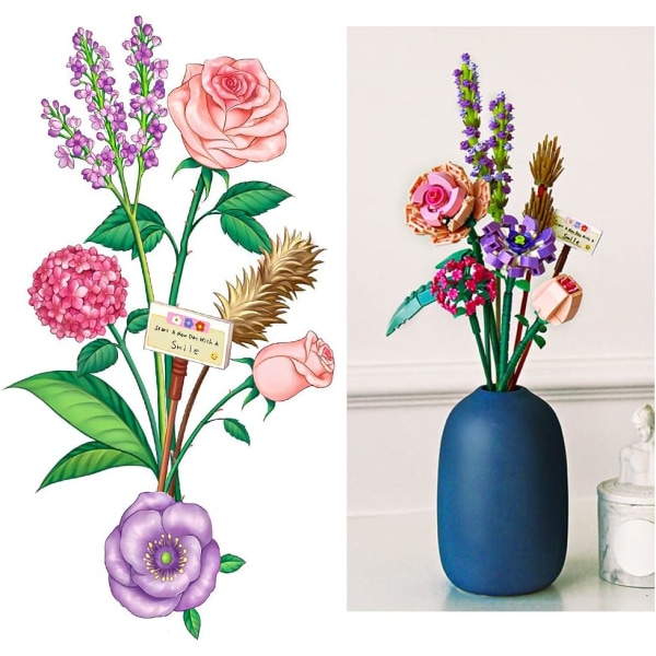 Byggeklosssett med kunstig blomsterbukett, botanisk samling Dekorativt tilbehør til hjemmet, Valentinsdagsgave til menn og kvinner (547 deler)