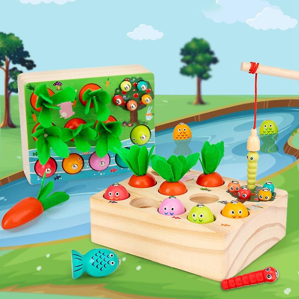Gulerødder Høst Fangst af orme Fiskespil Sorteringslegetøj i træ til småbørn til førskolebørn 3 år multicolor