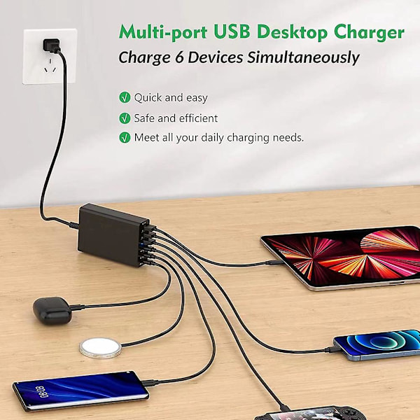 96W 6-port USB-ladestasjon for skrivebord med 3 USB-C-porter og QC3.0-porter, 20W hurtiglader EU-plugg