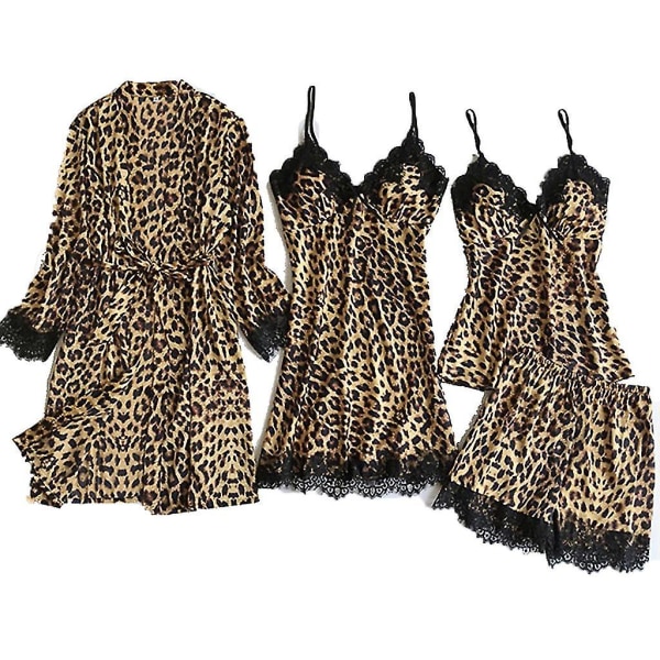 Kvinder Pyjamas Sæt Sexet Leopard Print Silke Satin Nattøj 4 stk Blonde Cami Top Shorts Og Kimono Robe Sæt Lounge Suit