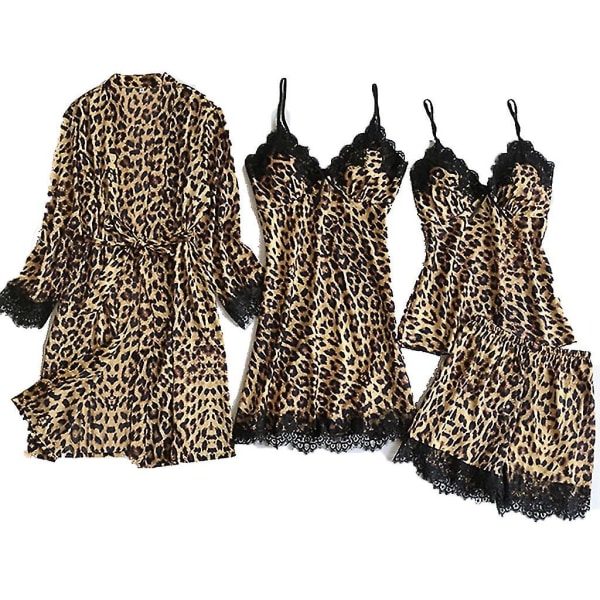 Kvinner pyjamassett Sexy leopardtrykk silke sateng nattøy 4 stk blonder Cami Top Shorts Og Kimono Robe Sett Lounge Dress