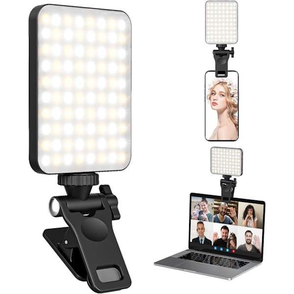 LED-videolys, genopladelig mini-selfielys med klips til telefon, bærbar computer, tablet og computer, dæmpbar fyldlampe