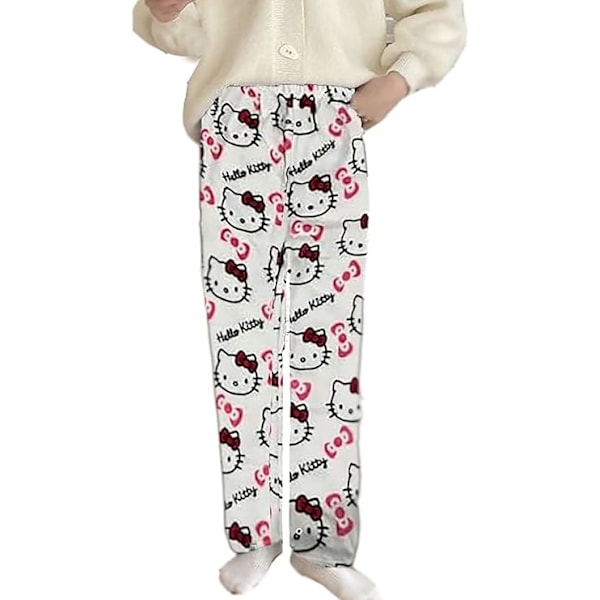 Hello Kitty Flanellpysjamas - Myke, søte kawaii pysjamas hjemmebukser tegneserie casual anime komfortable høst og vinter varme pysjamas casual bukser White L