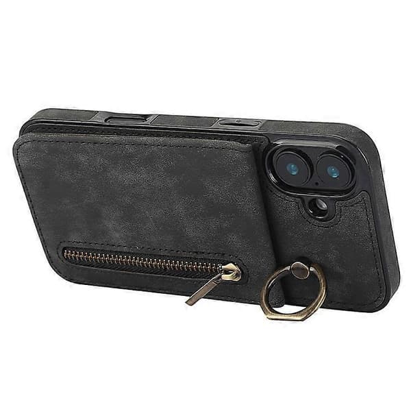 Kompatibel med iPhone 16 Plus-deksel RFID-ringstativ Retro skinn+TPU Anti-fall telefondeksel Black