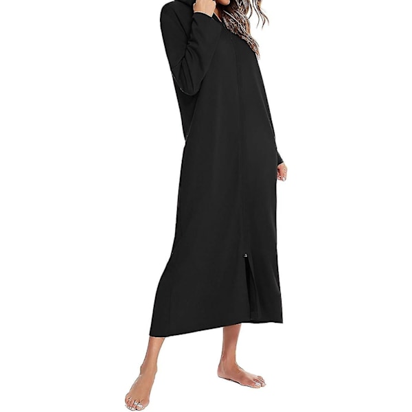 Lang morgenkåpe for kvinner med hette, glidelås, hel lengde, ensfarget Black XXL