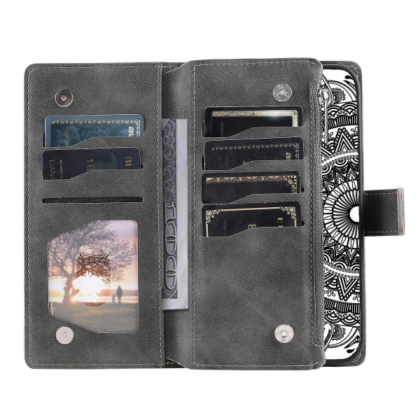 För Nokia X30 5g Mandala Flower Imprinted Pu- case Magnetlås Multi Card Slot Cover med blixtlåsförsedd plånbok och handledsrem Grey