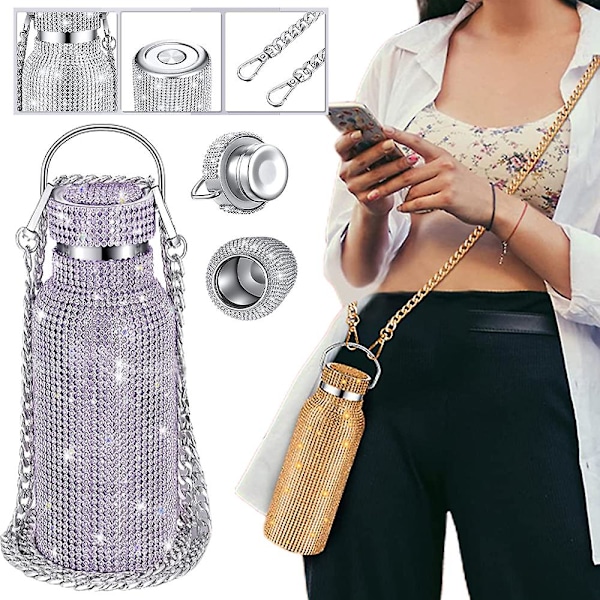 Glitter-timantti vesipullo lahjat tytöille naisille, ruostumaton teräs eristetty termisi juomapullo ketjulla Purple