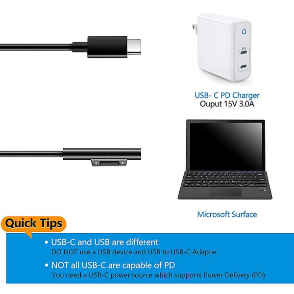 For Surface Til Usb C-ladekabel For Surface Pro 3/4/5/6/7, Surface Laptop 3/2/1, Surface Go