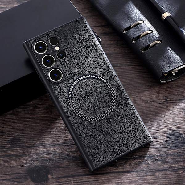 S23 Ultra Leahter -kotelo, magneettinen kotelo yhteensopiva Samsung Galaxy S23 Ultra Magsafe -langattoman latauksen suojaava ohut ohut Black