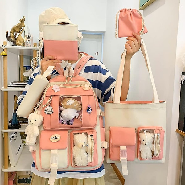 Canvas skolväska kombinationsset, Kawaii skolväska för tjejstudenter orange