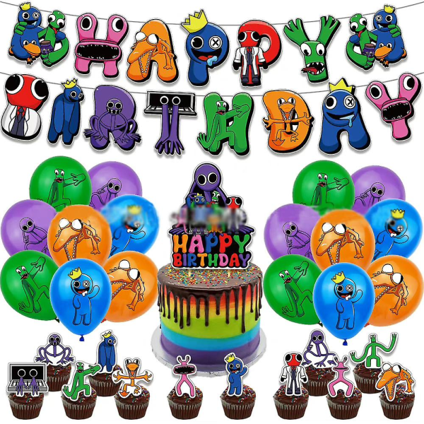 Rainbow Friends Fødselsdagsfestpynt Balloner Kage/cupcake Toppers Bannersæt