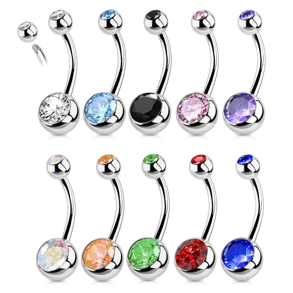 10 stk navlepiercinger i rustfritt stål, dobbelthodet diamant, utvendig gjenget rhinestone navlepiercing