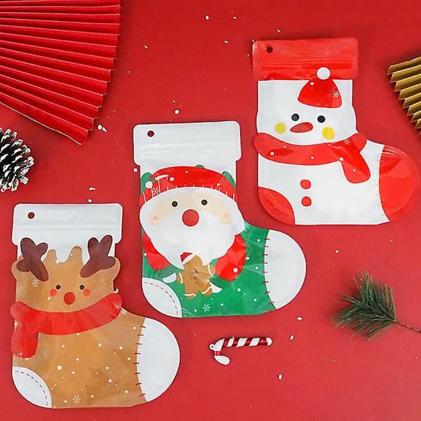 10 st Plast Julklappar Förpackningspåse Återförslutningsbar Julstrumpa Snacks Socker Älg Barn Present Dekorationspåsar A4 10 Pcs