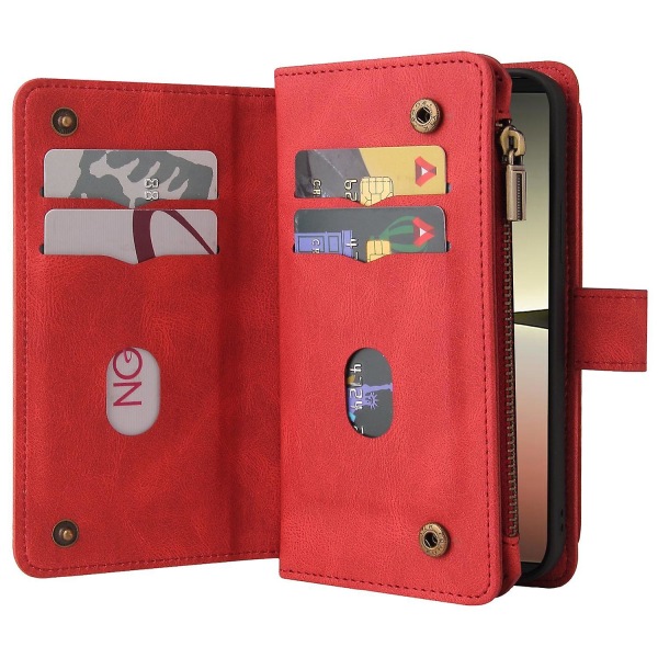 Til Sony Xperia 5 IV 5G justerbar stand Wallet Flip Case med flere kortpladser Lynlåslomme Red