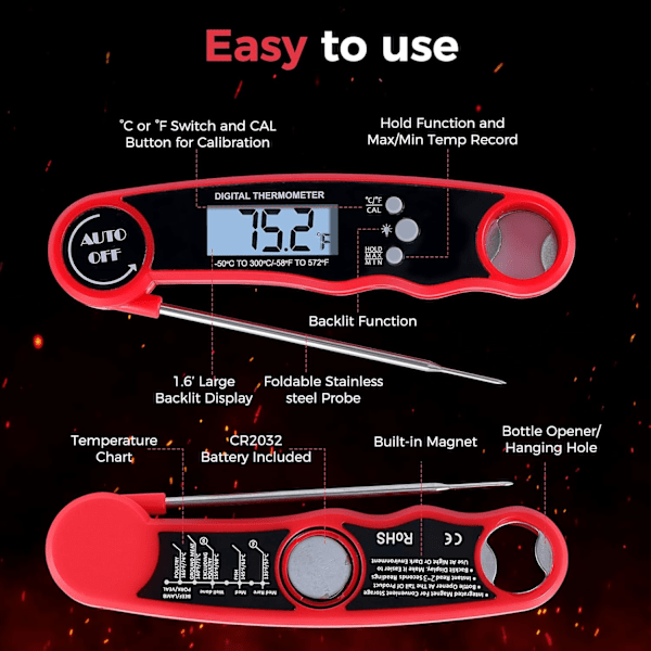 Digitaalinen Lihanlämpömittari – Nopea Hetkellinen Lämpötilan Lukeminen Ruuan Valmistukseen, Grillaukseen, BBQ:hen, Leivontaan, Paistamiseen, Makeisten Valmistukseen, Vedenkestävä (Punainen)
