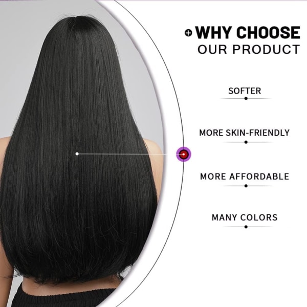 Pitkät suorat mustat peruukit naisille synteettiset hiukset, luonnollinen peruukki päivittäisiin Cosplay-bileisiin - 24 tuumaa
