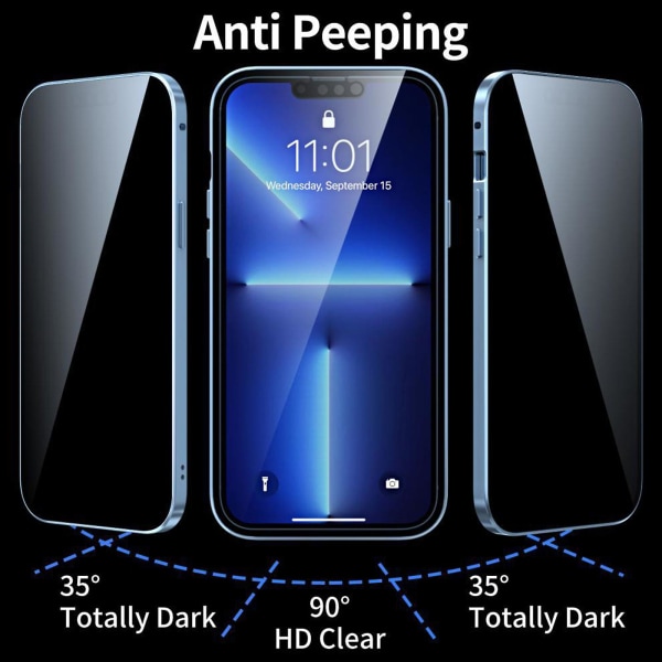 Sekretess Magnetisk metall stötfångare Anti-kikar case kompatibel med Iphone 15 Pro Max/15 Ultra, dubbelsidigt härdat glas cover Black For iPhone 15 Pro Max-15 Ultra