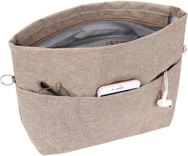 Handbag Organizer, Tote Bag Insert with Multiple Compartments and Zippers, Sturdy Bag Insert with Keychain. Light Brown, S[JSR] S