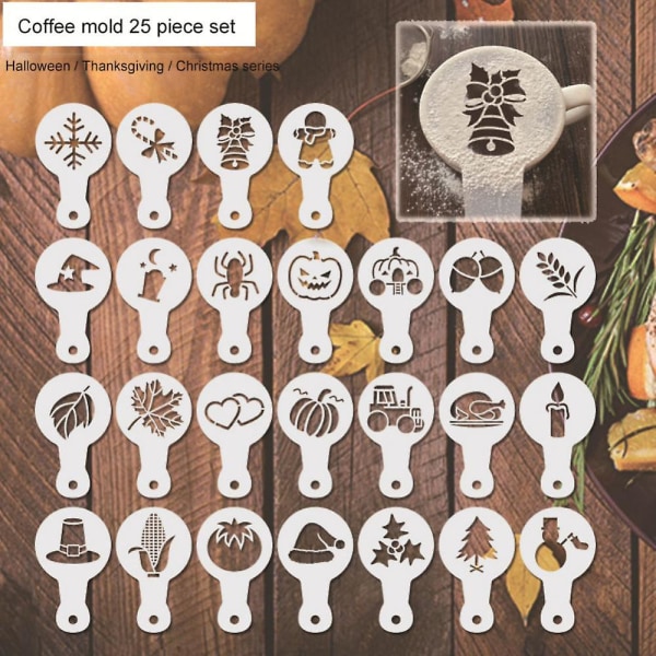 25 stk. Kaffestencil Thanksgiving Jul Halloween Fancy Pulver Spredning Måtte Mælkete Skabelon Strøpude Duster Spraytool