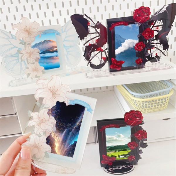 Acrylic Kpop Photocard Holder Rose Lily Flower Theme Heavy Duty Standing Mini Idol Photo Stand Picture Display Frame Table Decoration Tianyuhe Red A