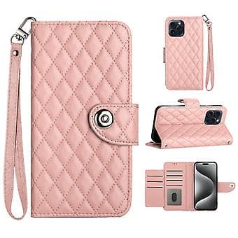 For iPhone 13 Pro Rhombus Pattern Flip Leather Phone Case with Lanyard Coral Pink