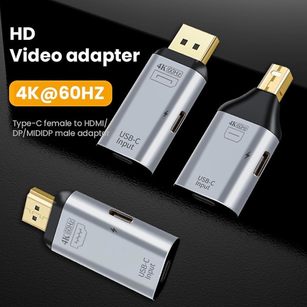 USB C-adapter Type-C hun til HDMI-kompatibel DP MiniDP han-adapter HD-video 4k@60Hz (MINI DP-kompatibel grænseflade) GrayBlack