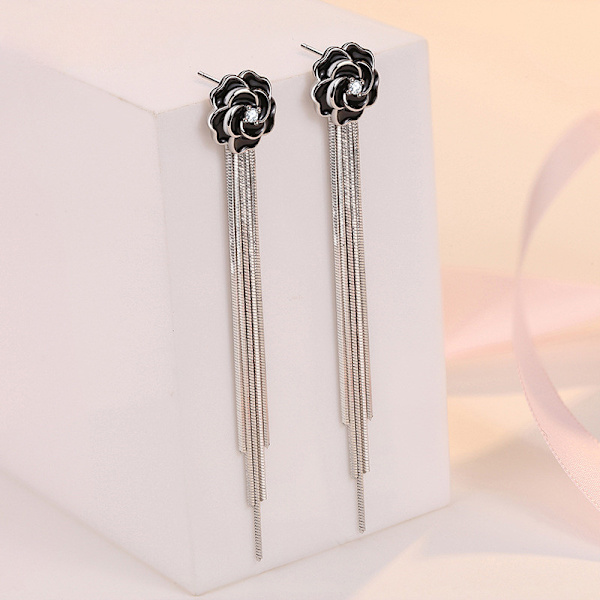 925 Sterling Sølv Sorte Rose Tassel Lange Øreringe til Kvinder Forlovelses Smykker Gave