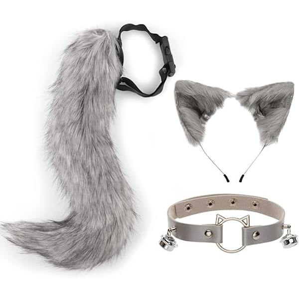 Räv konstgjord päls svans kattöron pannband Halloween fest kostym halsband choker cosplay set för kvinnor Grey