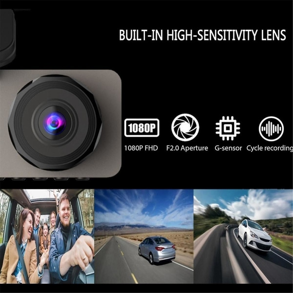 3-kanavainen kojelautakamera autoon, 1080P HD -autokamera edessä, pimeänäkö, 170 laajakulma, silmukkatallennus Black