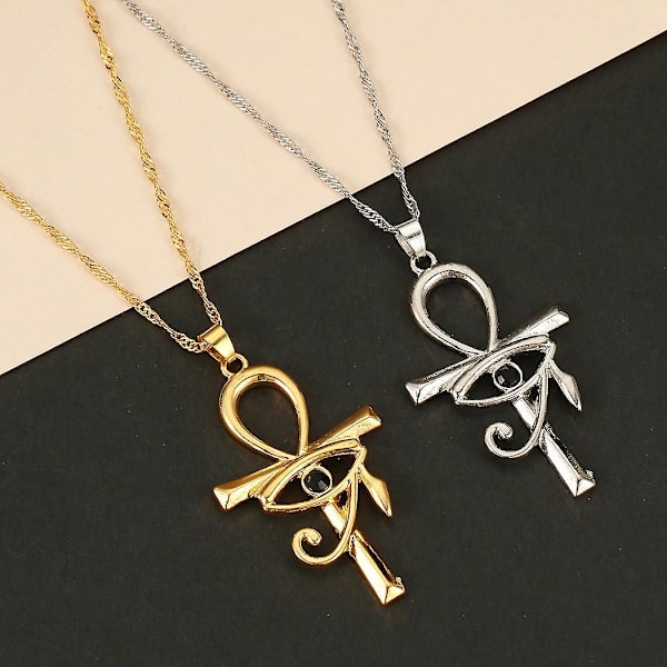 Ghyt 2kpl ruostumattomasta teräksestä valmistettu Eye Of Horus Egypt and Coptic Ankh Cross uskonnollinen riipus kaulakoru 24" Figaro-ketju