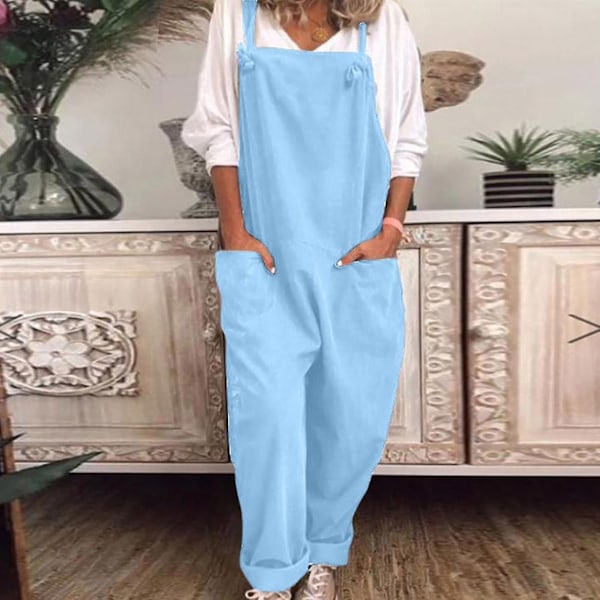 Dame Overall Afslappet Løs Dungarees Romper Baggy Playsuit Bomuld Og Linned Jumpsuit Light Blue L