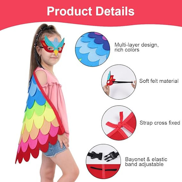 Filt Fågelkapvingar, Fågelvingar Kostymset för Barn med Filt Ögonmask, Justerbar Fågel Fe Fancy Dress Up Påfågel Flamingo Cape Kostym