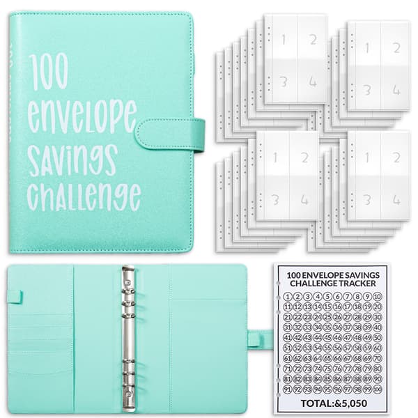 100 Konvolut Udfordringsmappe (100-dages spareplan/notesbog, cyan)