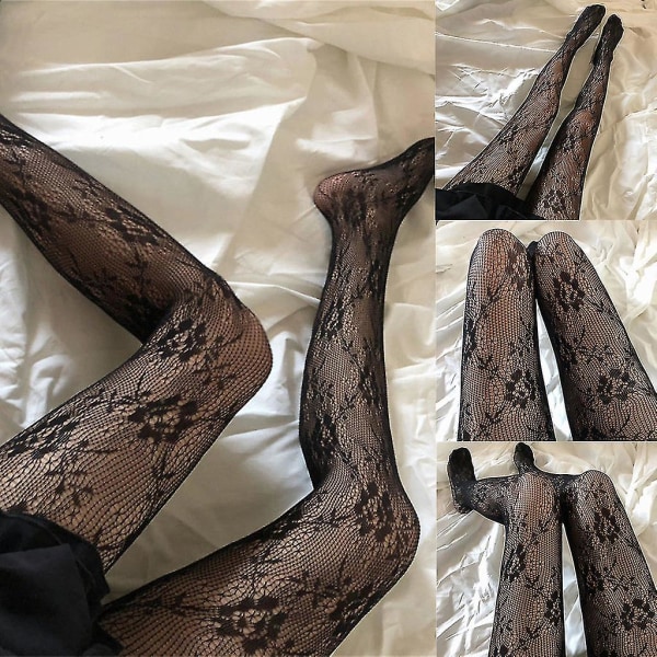 Naisten Lolita Hollow Out kukkaiset pitsiset sukkahousut Fishnet Kawaii sukkahousut sukat Black