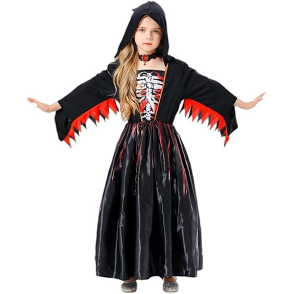 Eventyrlig Heks-kjole Halloween Rollespil Kostume med Hætte til Piger Black 10-12years