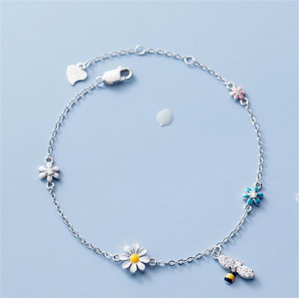 Charm Bracelet with Bee Worm and Zirconia Flowers in 925 Sterling Silver for Women and Girls Fashion Jewelry for Parties and Weddings