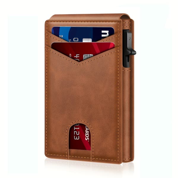 Men's Wallet in Light Brown Carbon Fiber Texture, RFID Blocking Pop-Up Card Holder, Slim Foldable Compact Wallet with Magnetic Closure light brown