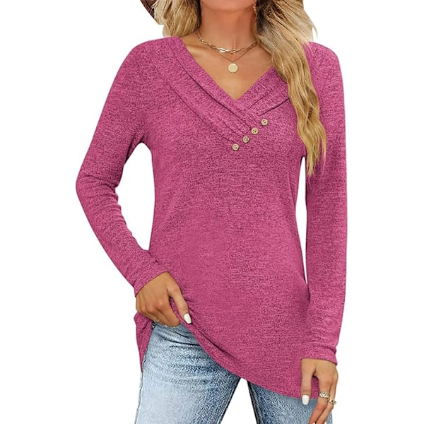 Kvinners langarmede T-skjorter Casual Myk Lett Bluser Tunika Topper V-hals Genser Pullover Knappelukking Topper, S-XXL Pink M