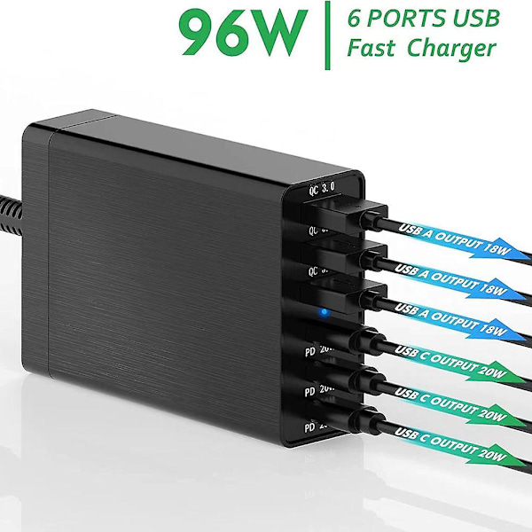 96W 6-port USB-ladestasjon for skrivebord med 3 USB-C-porter og QC3.0-porter, 20W hurtiglader EU-plugg