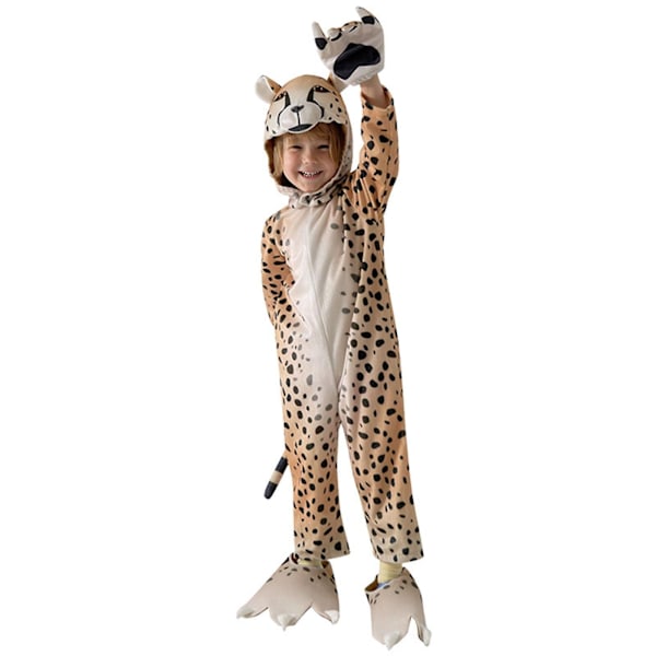 Leopard Katt Jumpsuit Barn Halloween Party Cosplay Med Huvudbonad Leopard Kostym brown S(105-115)