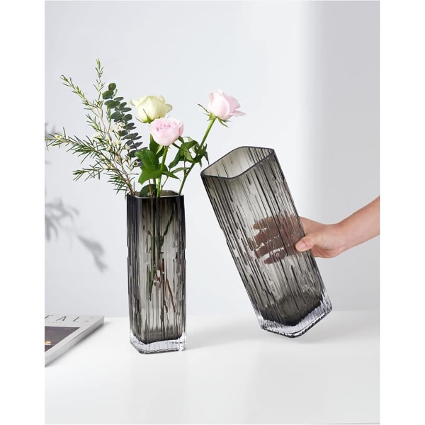 Moderne minimalistisk glas firkantet vase, krystalglas vase, vase, tør vase (grå)