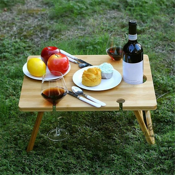 Utendørs Vinflaske Piknikbord, Sammenleggbart Bærbart Tretre Camping Snackbord, Kan Holde Vinglass og Flasker 30x24cm