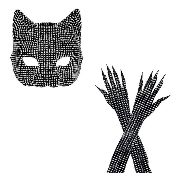Catwoman Mask & Gloves Set för Halloween-bus, Långa Cosplay-tillbehör, Glittrande Svart