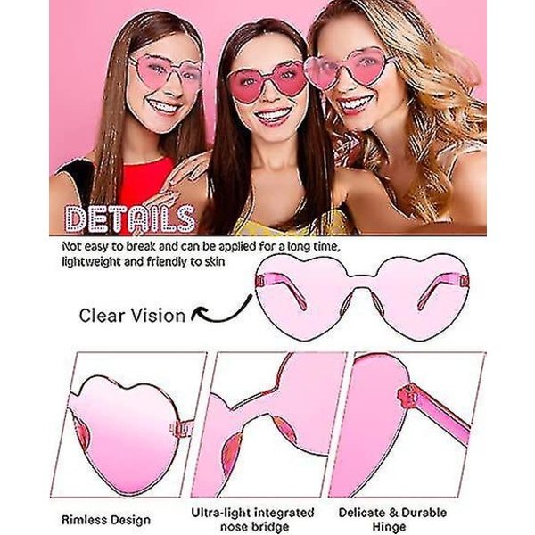 8 par innfatningsløse solbriller Hjerteform innfatningsbriller Mote klare godterifargede briller til fest