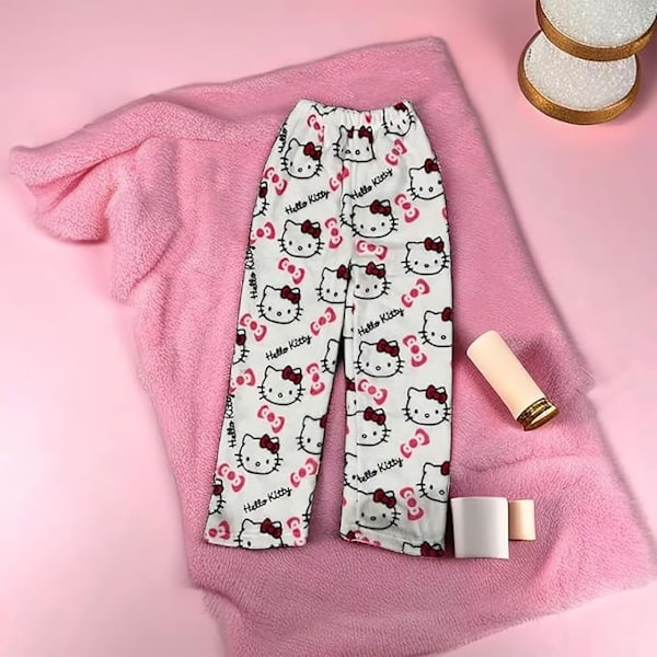 Hello Kitty -fleece-pehmeät kawaii-pyjamat, kotipöksyt, piirretty, rento, anime, mukavat, syksy-talvi, lämpimät pyjamat, rentot housut White L