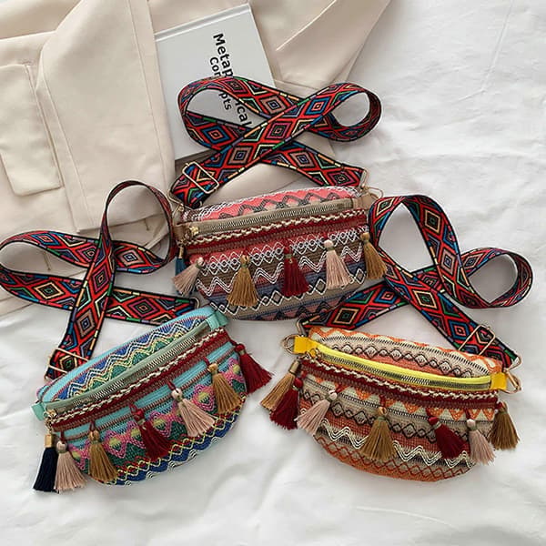 Vävda Crossbody Väskor Dam Tofs Midjeväska Retro Läder Axelväskor Yellow 1pc