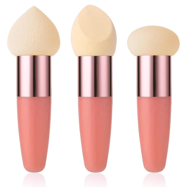 Makeup Sponges, 3-Piece Beauty Blender Applicators with Handle, Angled Foundation Brushes for Face and Eyebrows (Rose Red)