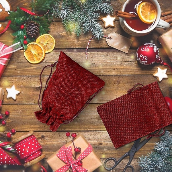 Juleburlapsäck, 24 st DIY jutesäckväskor för att fylla adventskalender, naturliga påsar, adventskalenderpåsar med dragsko, 13 cm x 18 cm (röd)