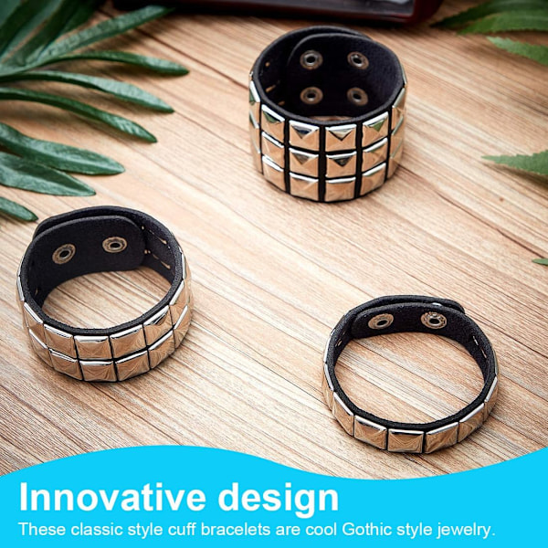 Punk armbånd med læderlap - 3 stykker læderlommetørklæde punk reproduktion - Gotisk unisex dukke justerbar længde - mænd og kvinder
